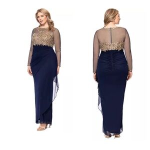 XSCAPE | Noah Illusion Jeweled Embroidered Gown MOB | 18W | Navy/Gold